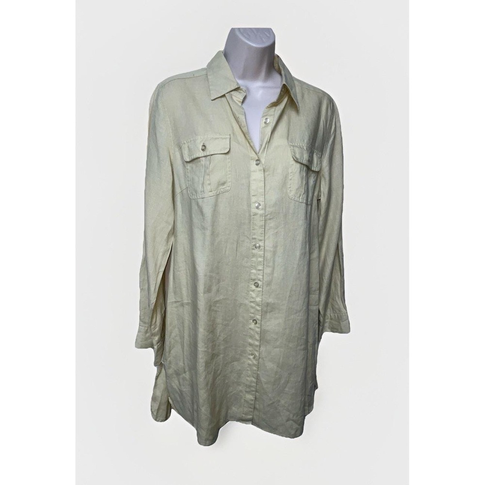 Carole Little 100% Linen Top Longline Button Front Size Large Coastal Clean